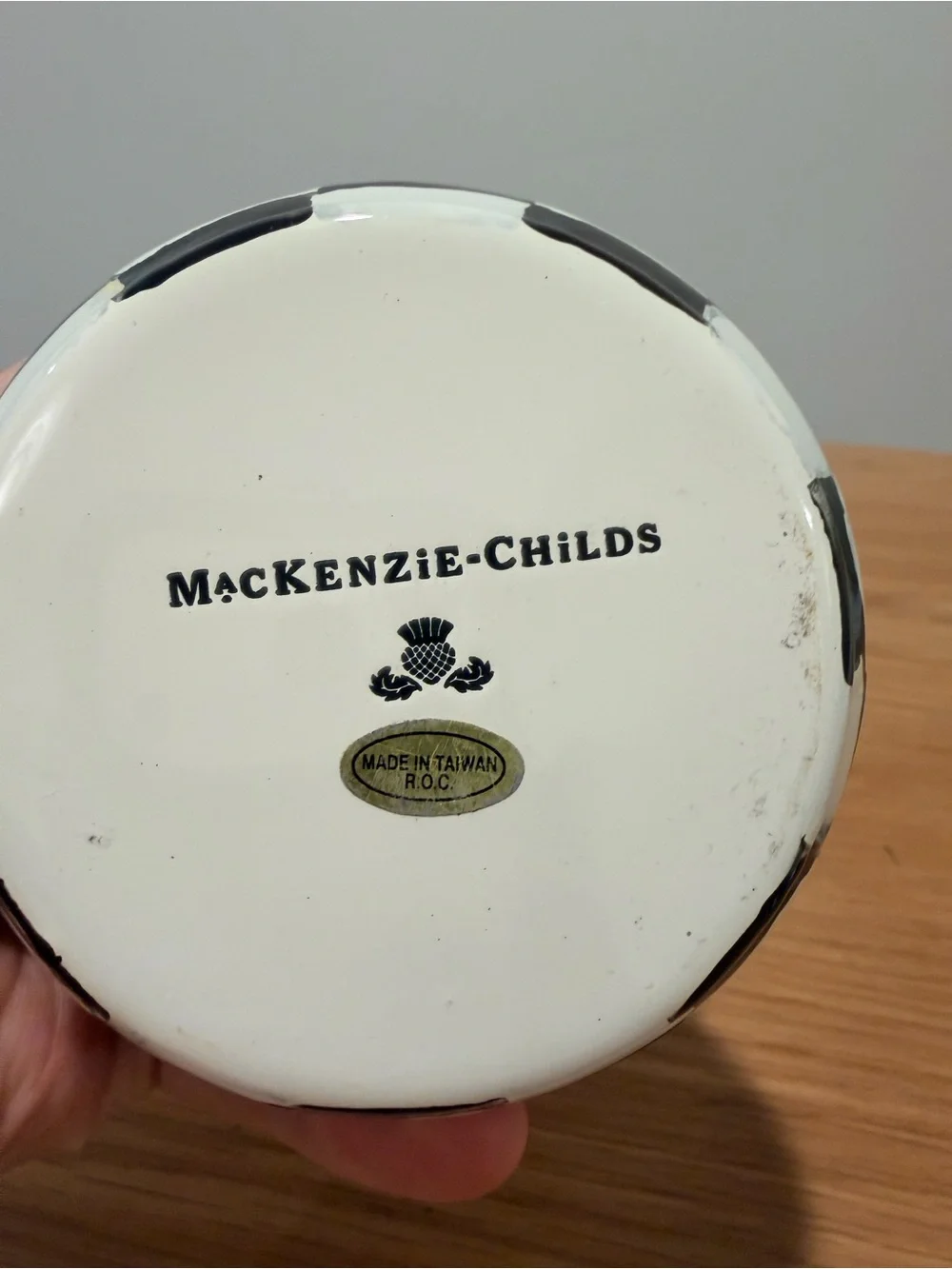 MacKenzie-Childs Black & White Check Ceramic Jar with Red Knob